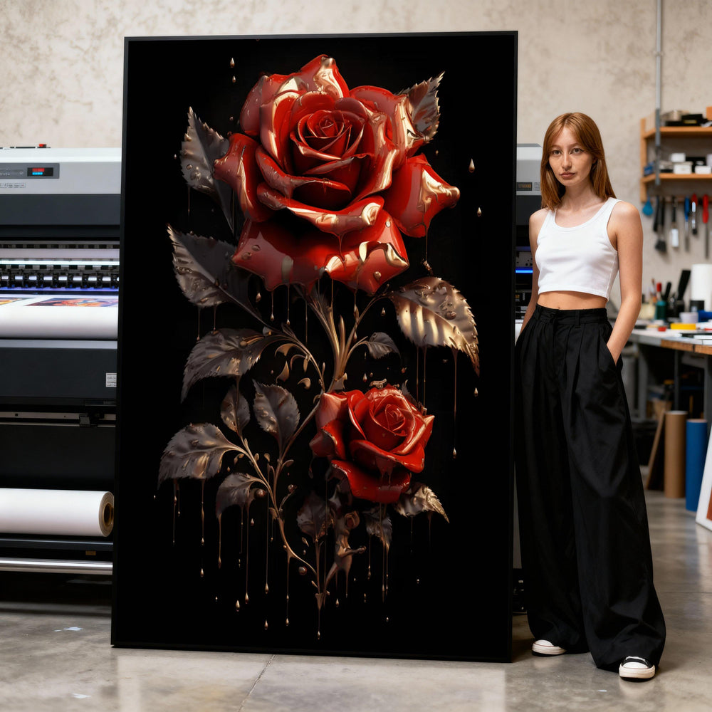 Metallic Red Roses Canvas Wall Art, Dripping Gold Floral Painting, Modern Romantic Rose Decor, Elegant Botanical Canvas, Home Wall Print Art