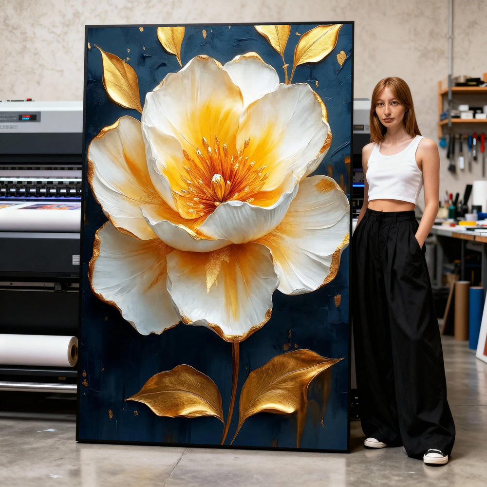 Golden White Flower Canvas Print, Luxury Floral Wall Art