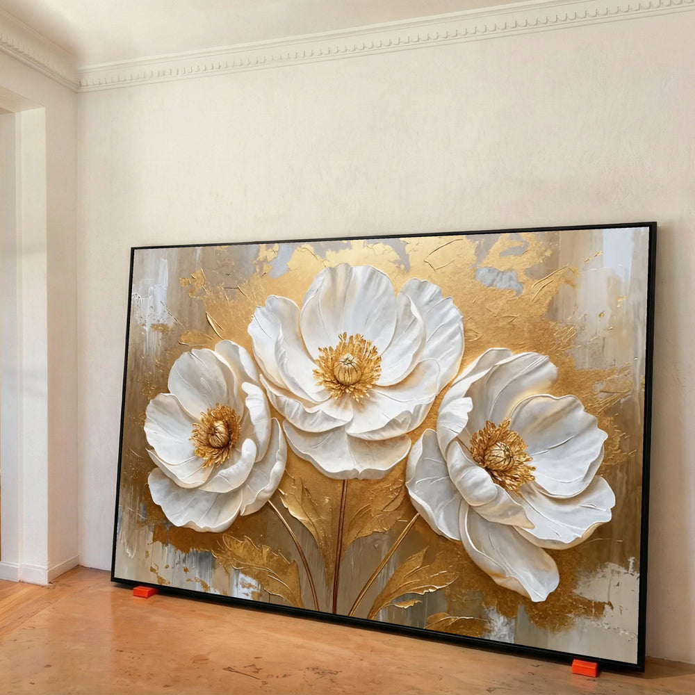 Elegant White and Gold Floral Canvas, Effect Flower Wall Art, Luxury Home Decor, Modern Botanical Canvas Painting, Ready to Hang Print Art
