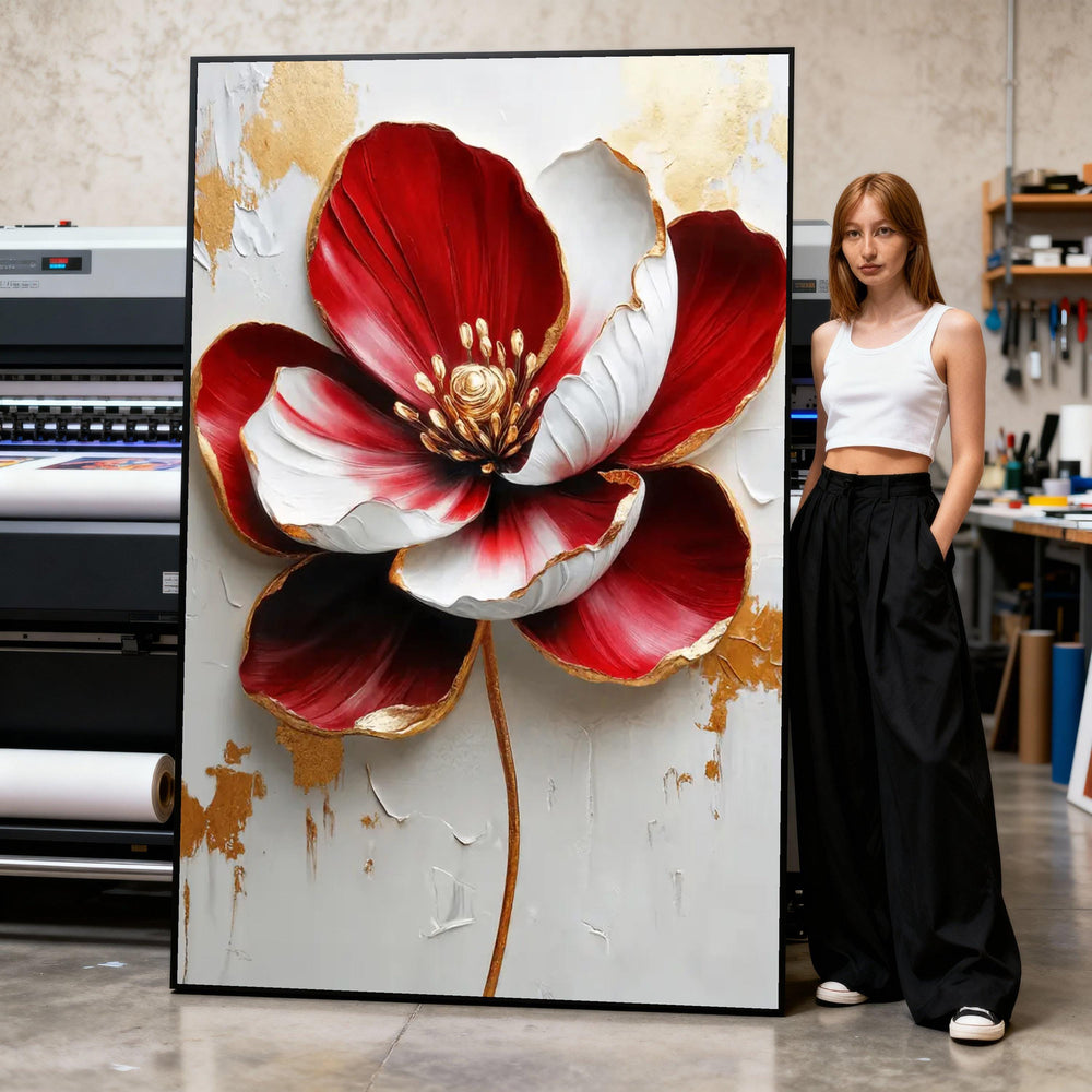 Elegant Red and White Flower Canvas, Floral Wall Art, Gold Accent Home Decor, Canvas Painting, Modern Botanical Artwork Print Art