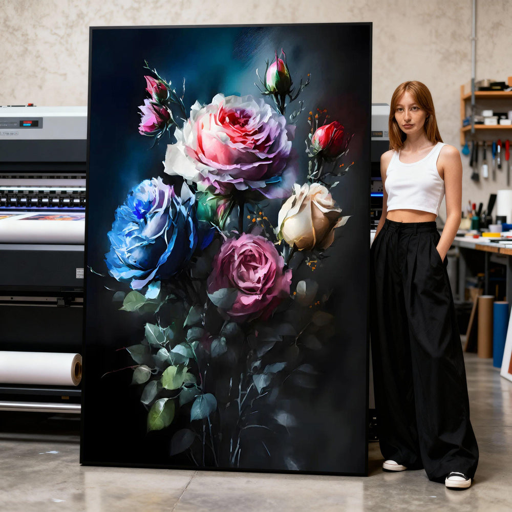 Elegant Multicolor Roses Bouquet Canvas, Floral Wall Art, Romantic Flower Canvas, Dark Background Home Decor, Ready to Hang Canvas Print Art