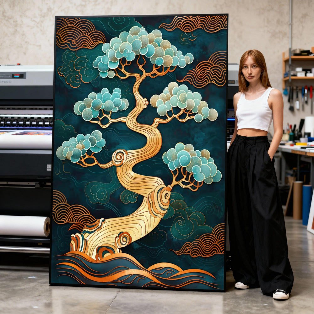 Elegant Golden Bonsai Tree Canvas, Abstract Asian Wall Art, Decorative Nature Painting, Modern Home Canvas, Zen Garden Wall Decor Print Art
