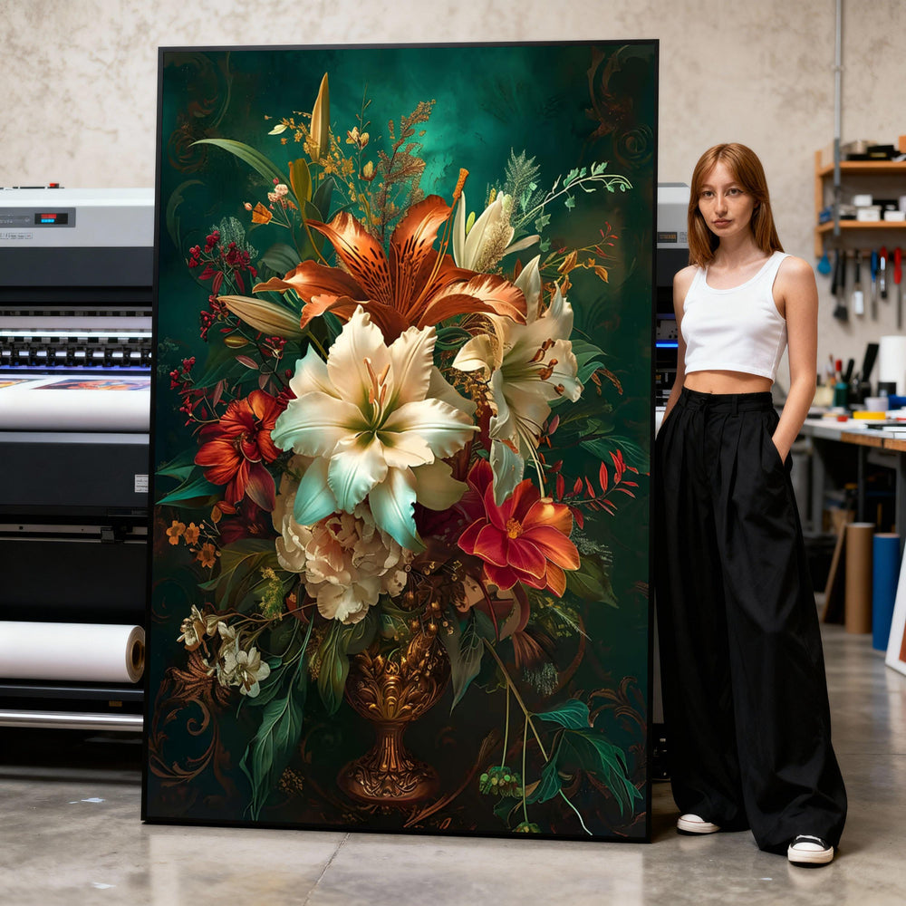 Vintage Floral Bouquet Canvas Wall Art, Elegant Lily and Hibiscus Painting, Classic Botanical Canvas, Home Décor Accent, Ready to Print Art