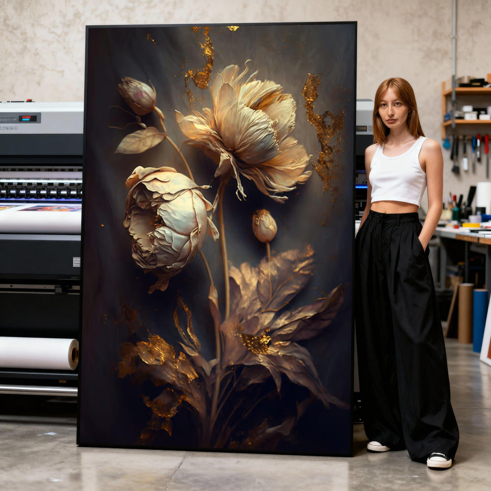 Vintage Gold Floral Canvas, Elegant Peony Wall Art, Metallic Accent Flowers, Luxury Botanical Canvas, Home Decoration Art Print Art