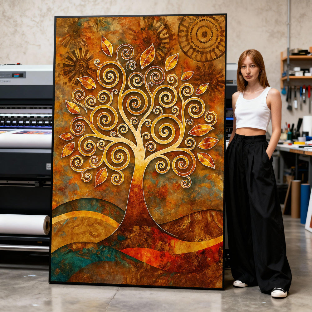 Golden Swirl Tree Canvas Wall Art, Abstract Nature Painting, Autumn Leaves Decoration, Earth Tone Home Decor, Modern Living Room Print Art