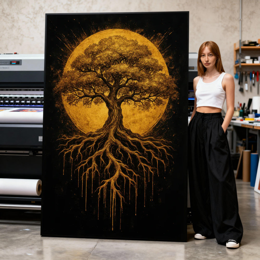 Golden Tree of Life Canvas, Spiritual Nature Wall Art, Mystical Tree Silhouette, Abstract Botanical Decor, Modern Canvas Painting Print Art