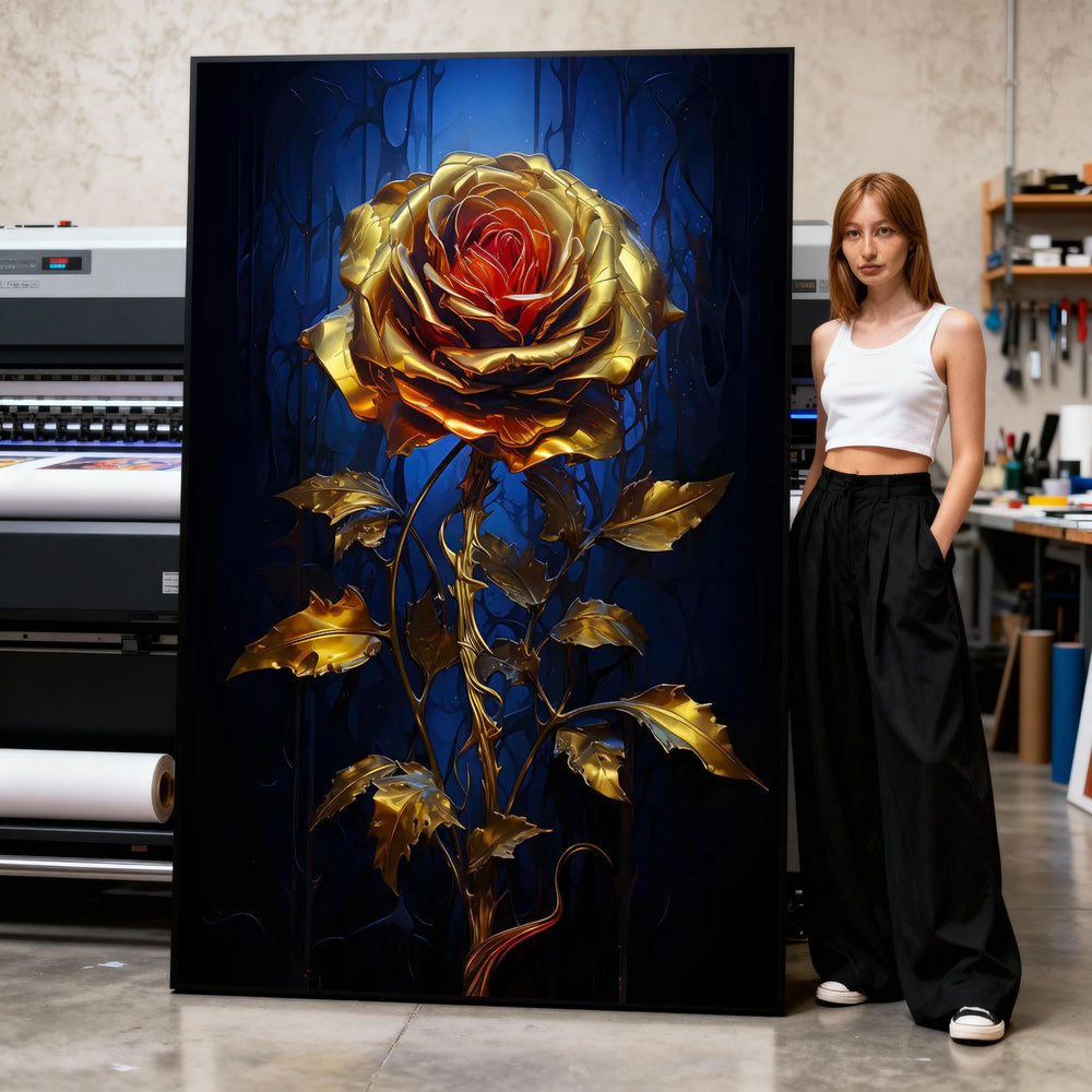 Golden Rose Canvas Wall Art, Metallic Flower Painting, Elegant Floral Home Decor, Luxury Botanical Canvas, Modern Wall Decoration Print Art