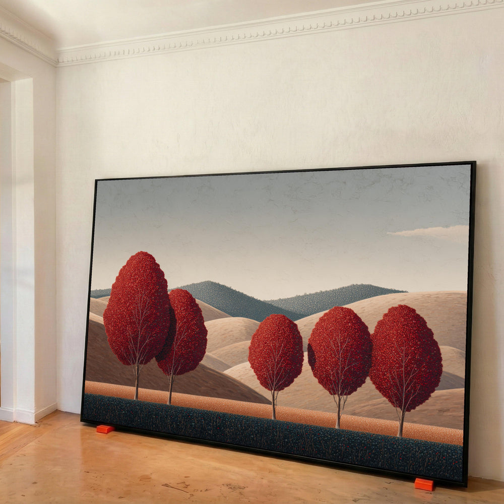 Red Autumn Trees Canvas Print, Rolling Hills Landscape, Modern Nature Painting
