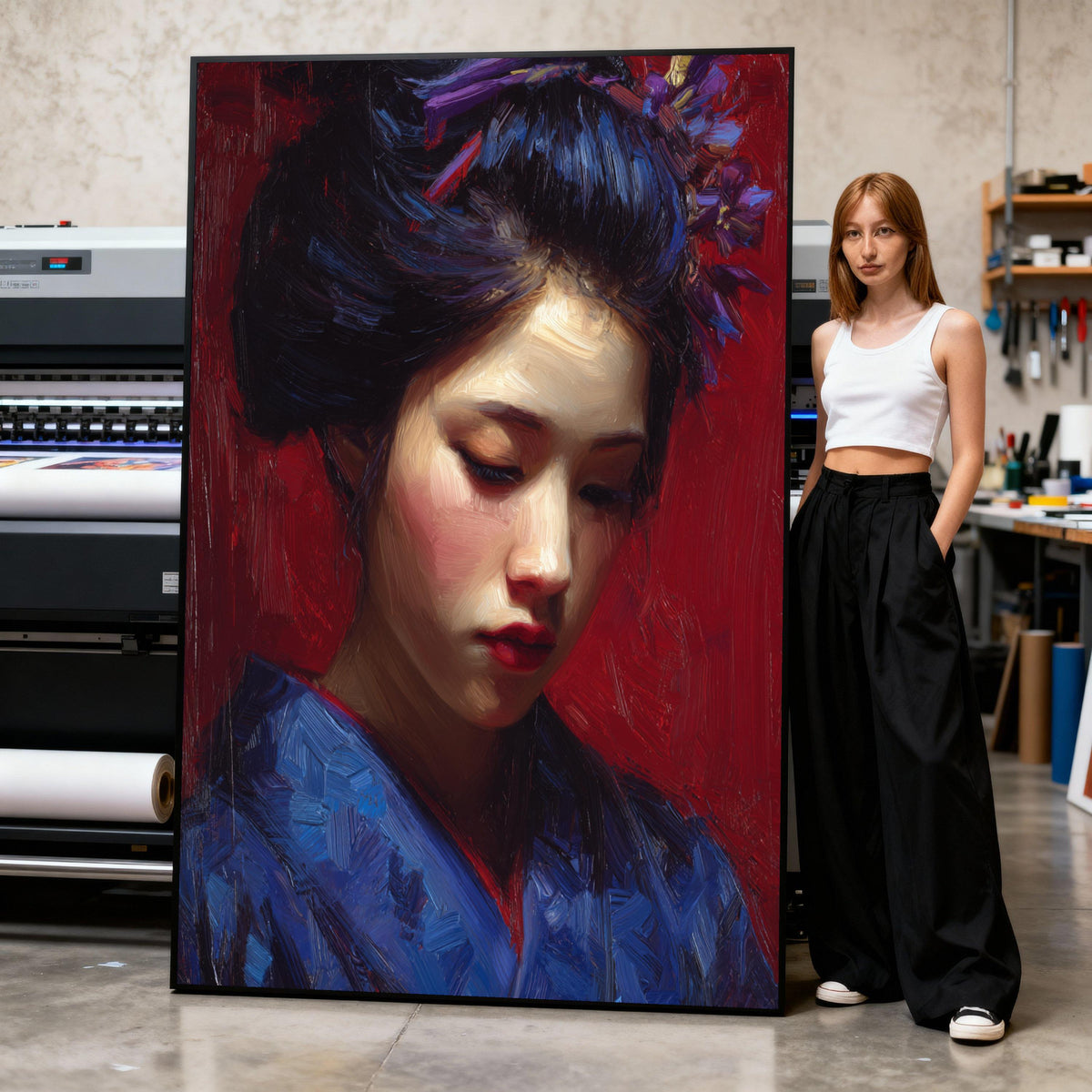 Japanese Geisha Portrait Canvas Print, Red Kimono Wall Art
