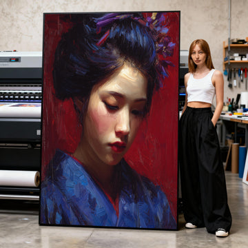 Japanese Geisha Portrait Canvas Print, Red Kimono Wall Art
