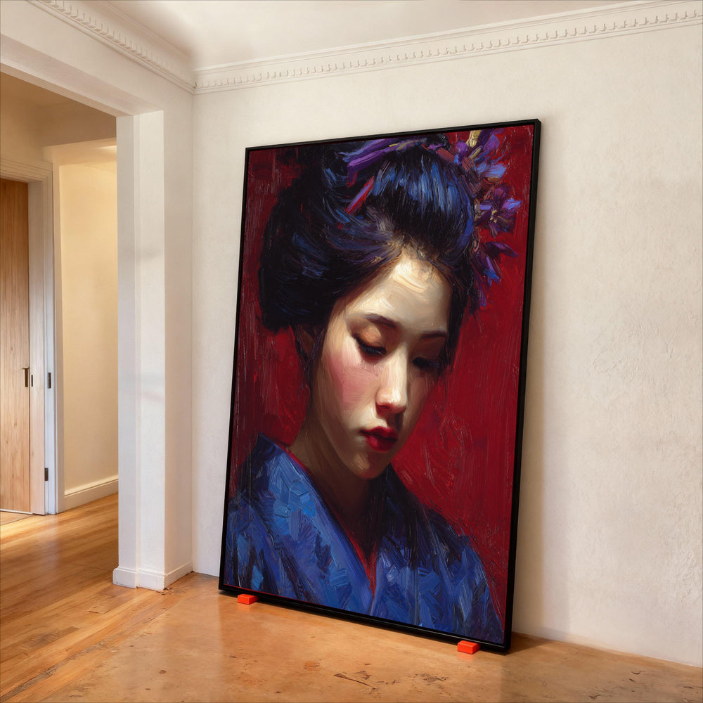 Japanese Geisha Portrait Canvas Print, Red Kimono Wall Art