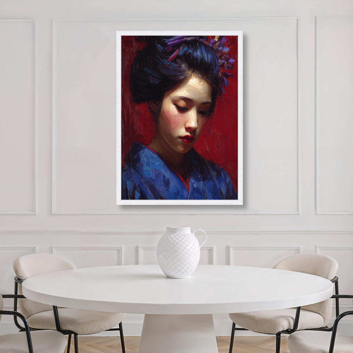 Japanese Geisha Portrait Canvas Print, Red Kimono Wall Art