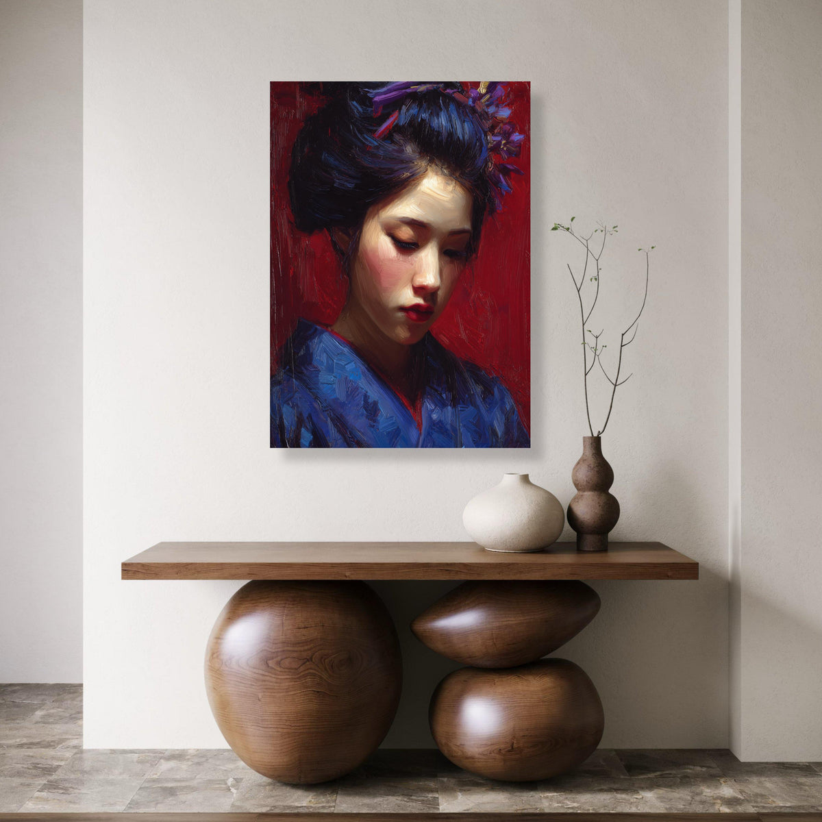 Japanese Geisha Portrait Canvas Print, Red Kimono Wall Art