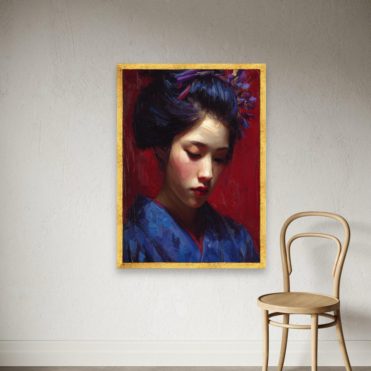 Japanese Geisha Portrait Canvas Print, Red Kimono Wall Art