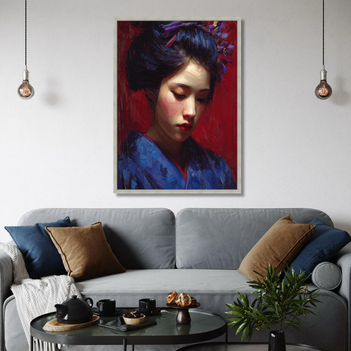 Japanese Geisha Portrait Canvas Print, Red Kimono Wall Art