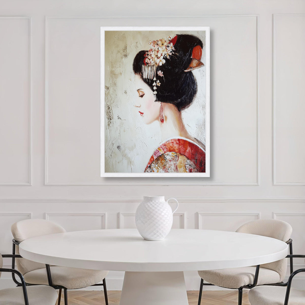 Japanese Geisha Portrait Canvas, Vintage Asian Art Print, Floral Ornament