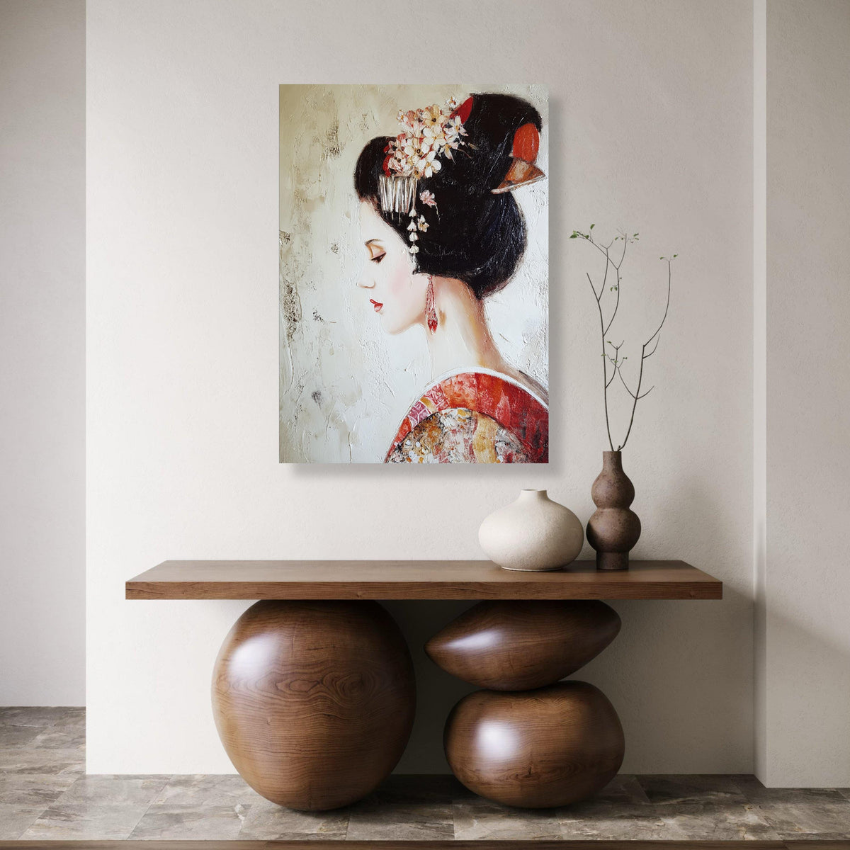 Japanese Geisha Portrait Canvas, Vintage Asian Art Print, Floral Ornament
