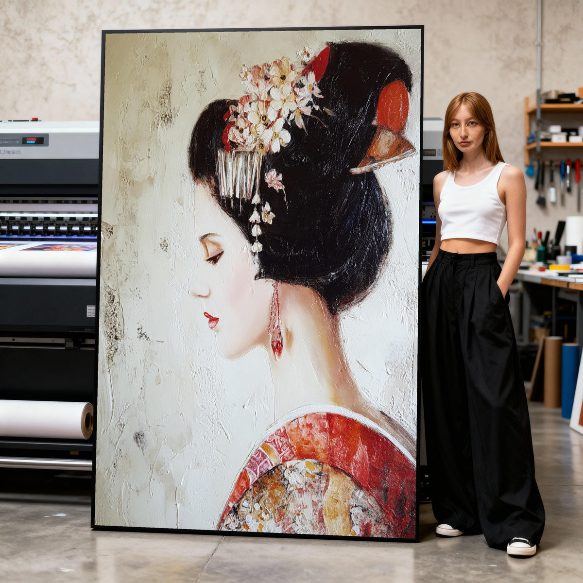 Japanese Geisha Portrait Canvas, Vintage Asian Art Print, Floral Ornament
