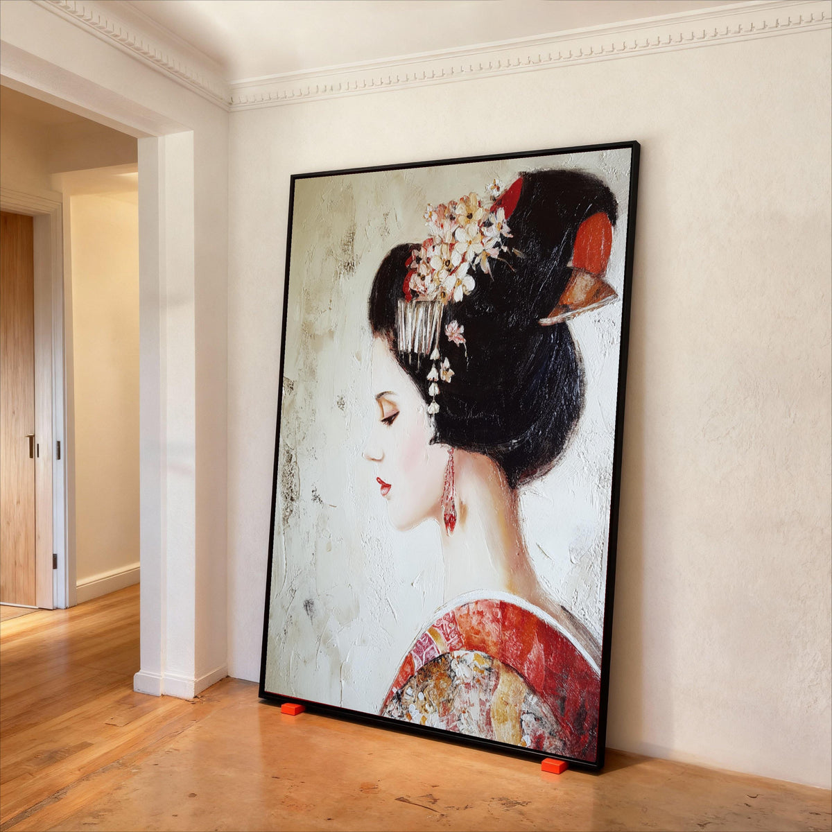 Japanese Geisha Portrait Canvas, Vintage Asian Art Print, Floral Ornament