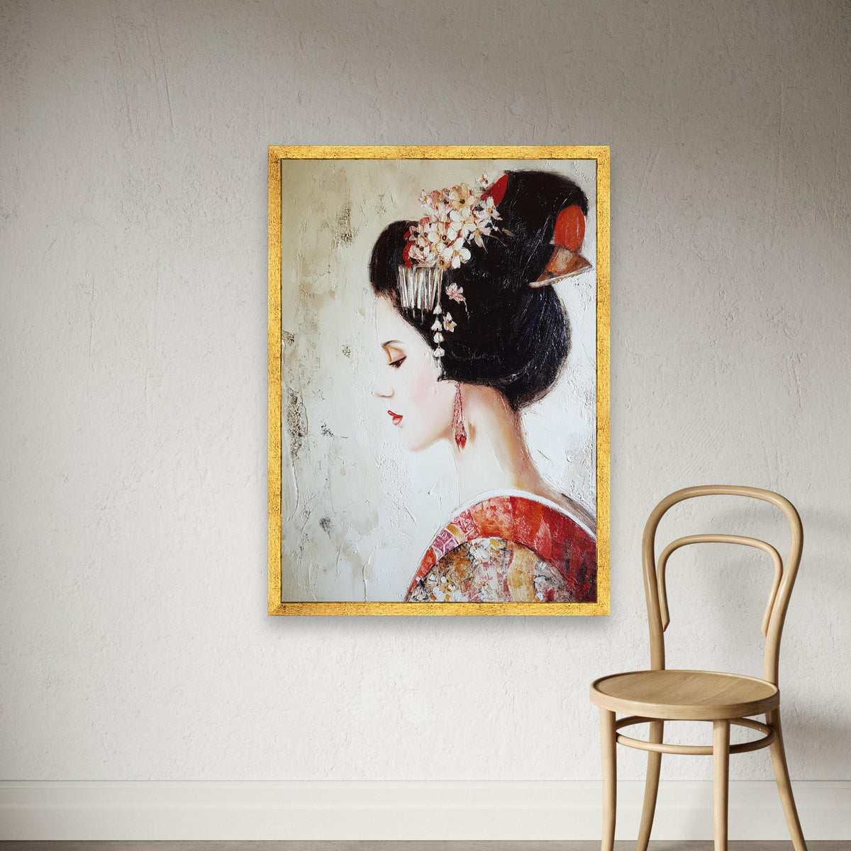 Japanese Geisha Portrait Canvas, Vintage Asian Art Print, Floral Ornament