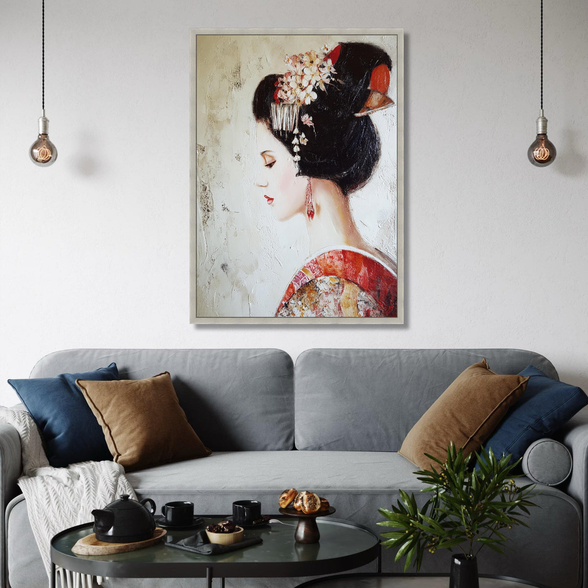 Japanese Geisha Portrait Canvas, Vintage Asian Art Print, Floral Ornament