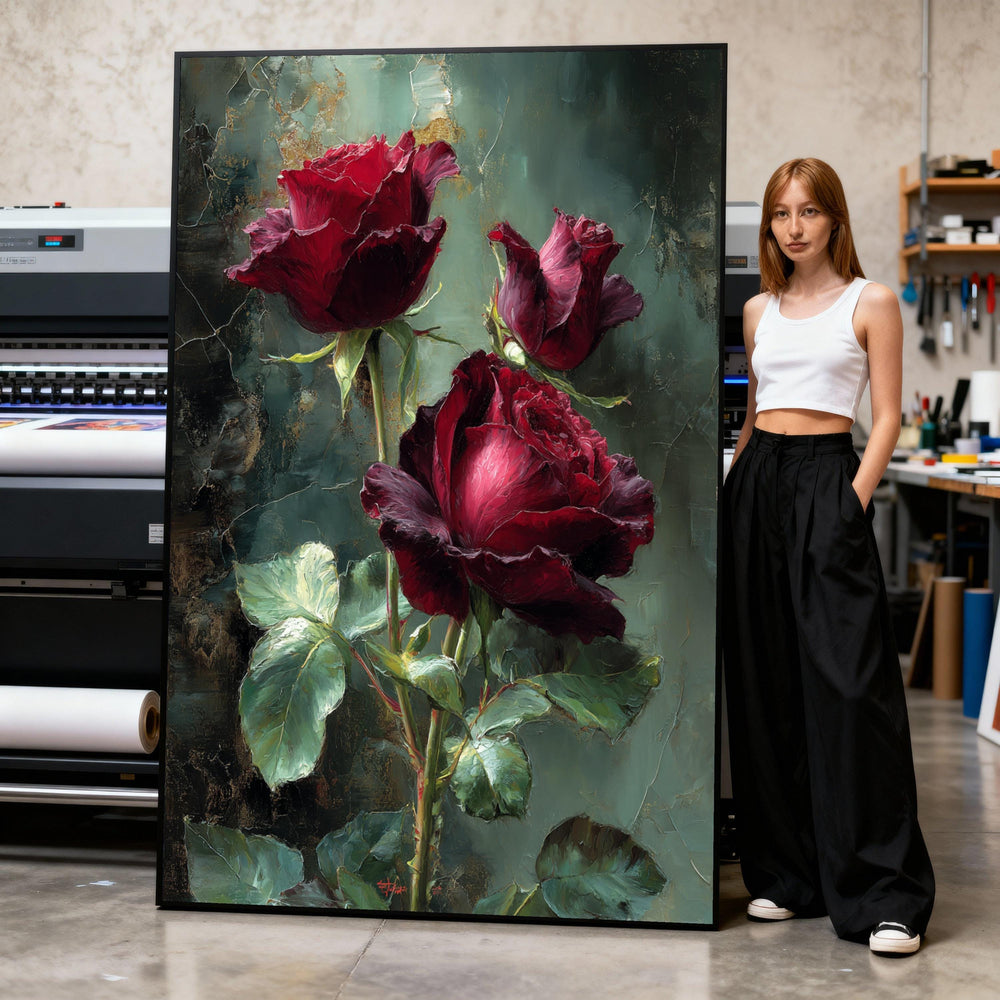 Red Roses Canvas Art, Classic Floral Painting, Romantic Decor