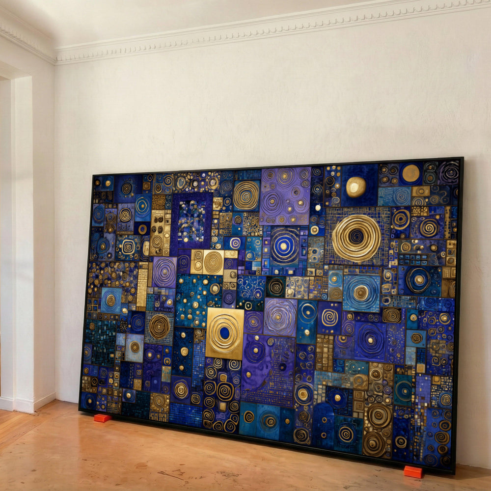 Blue and Gold Abstract Canvas Art, Geometric Mosaic Print