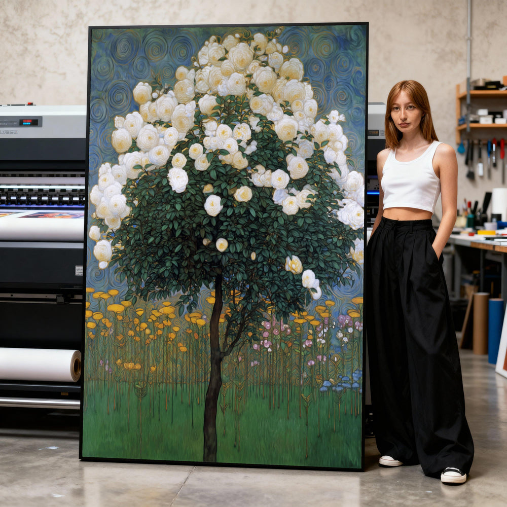 White Rose Tree Canvas Print, Floral Garden Wall Art