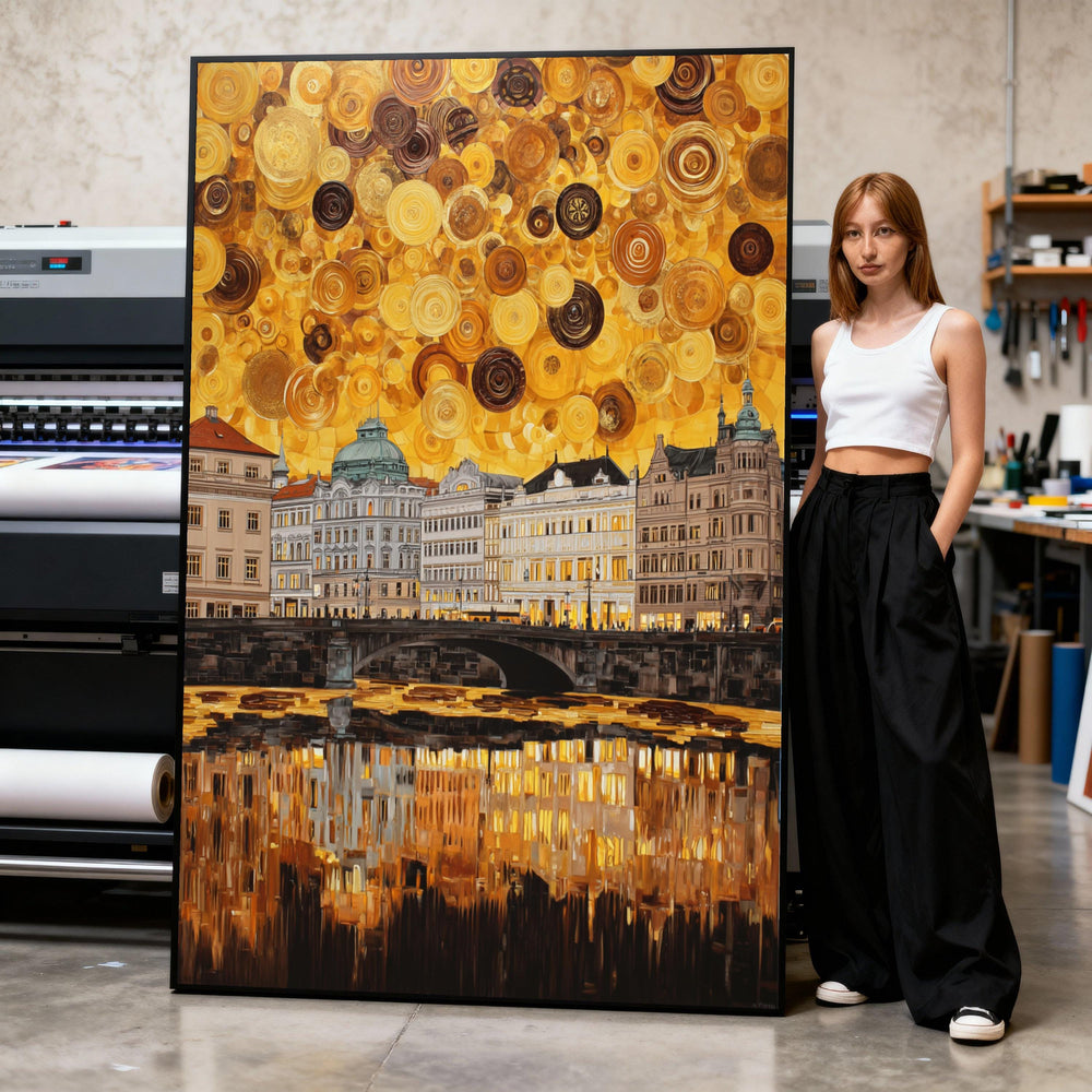 Golden Cityscape Canvas Art Print, Abstract River Reflection, Modern Home Decor
