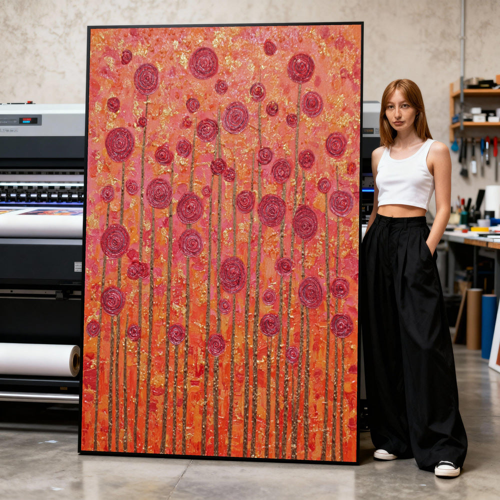 Abstract Red Floral Canvas Art, Orange Gold Accents, Modern Home Decor Print