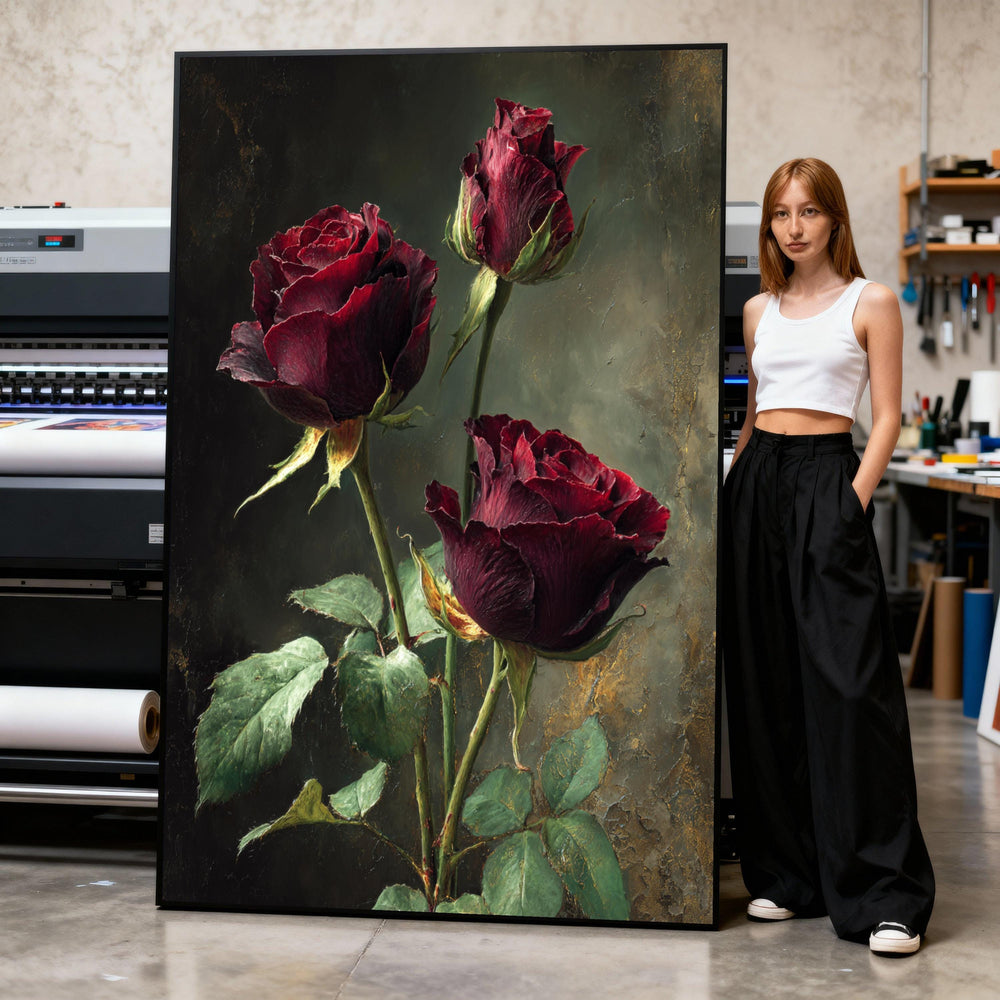 Deep Red Roses Canvas Print, Vintage Floral Botanical Art