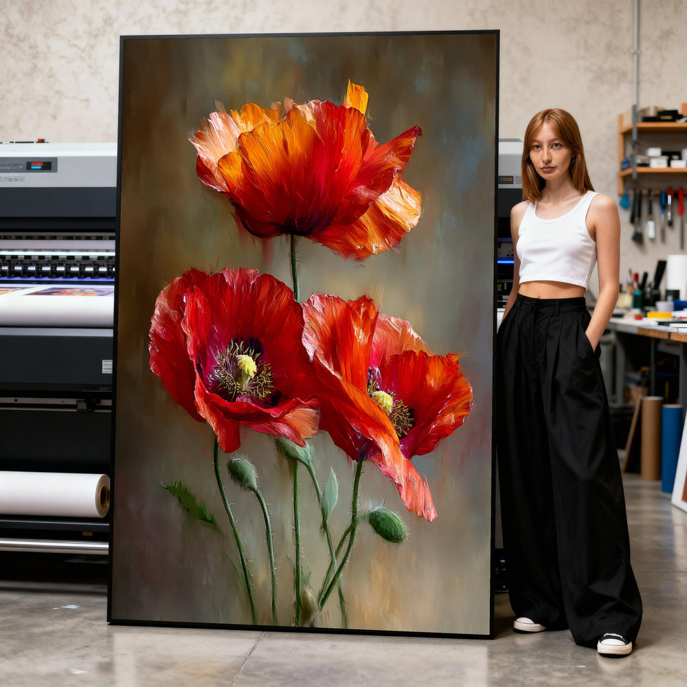 Red Orange Poppies Canvas Print, Modern Floral Wall Art
