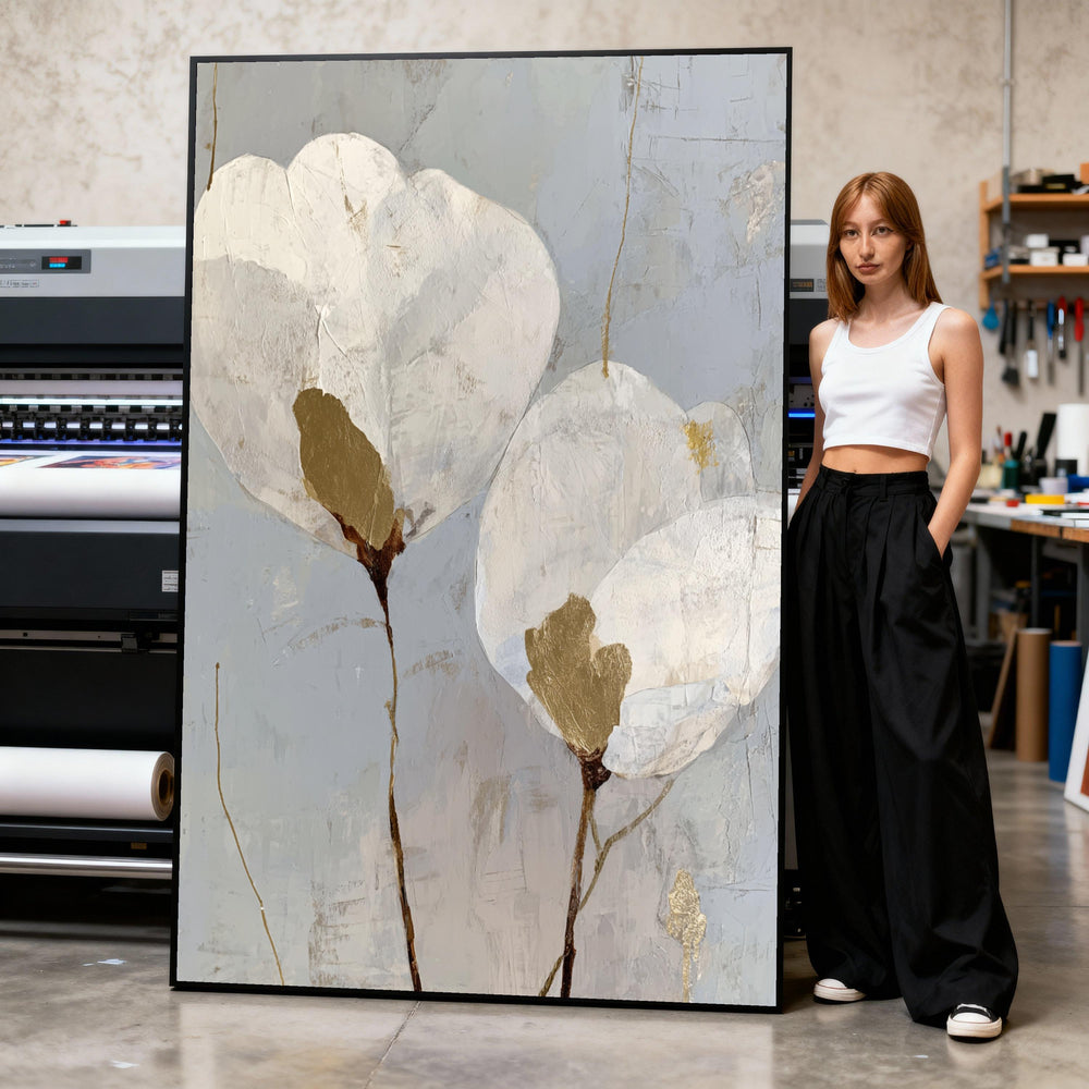 Abstract Floral Canvas Art, White Flower Painting, Modern Home Decor