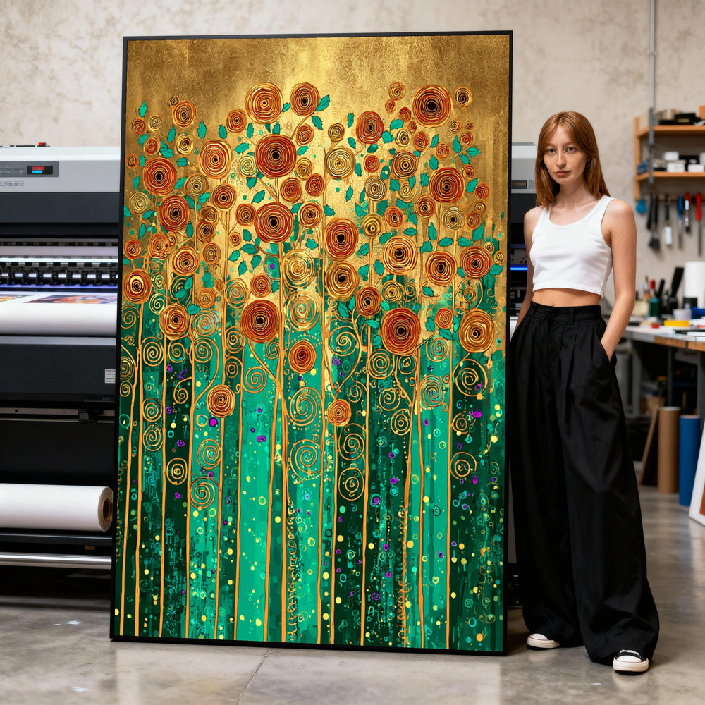 Teal and Gold Floral Canvas Art, Abstract Botanical Print