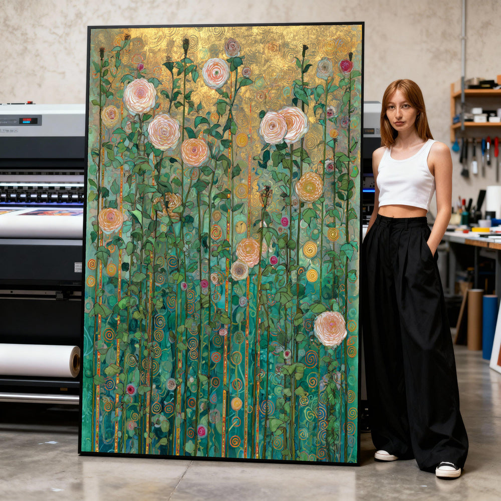 Rose Garden Canvas Art Print, Gold Accent Floral Painting