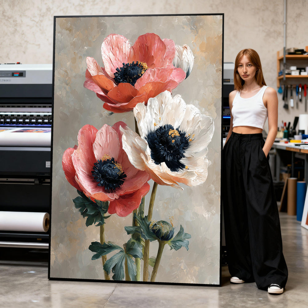Pink and White Anemone Floral Canvas Print, Botanical Wall Art