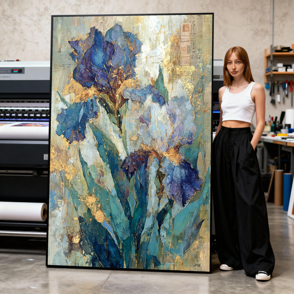 Elegant Blue Iris Flowers Canvas, Floral Wall Art, Gold Accent Botanical Painting, Nature Canvas Decor, Ready to Hang Artwork Print Art