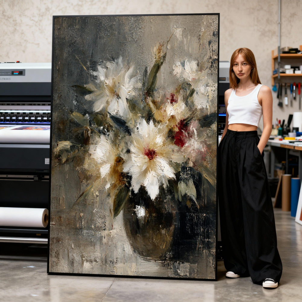 Vintage White Flower Bouquet Canvas, Classic Floral Wall Art, Rustic Home Decoration, Elegant Vase Painting on Canvas, Romantic Print Art