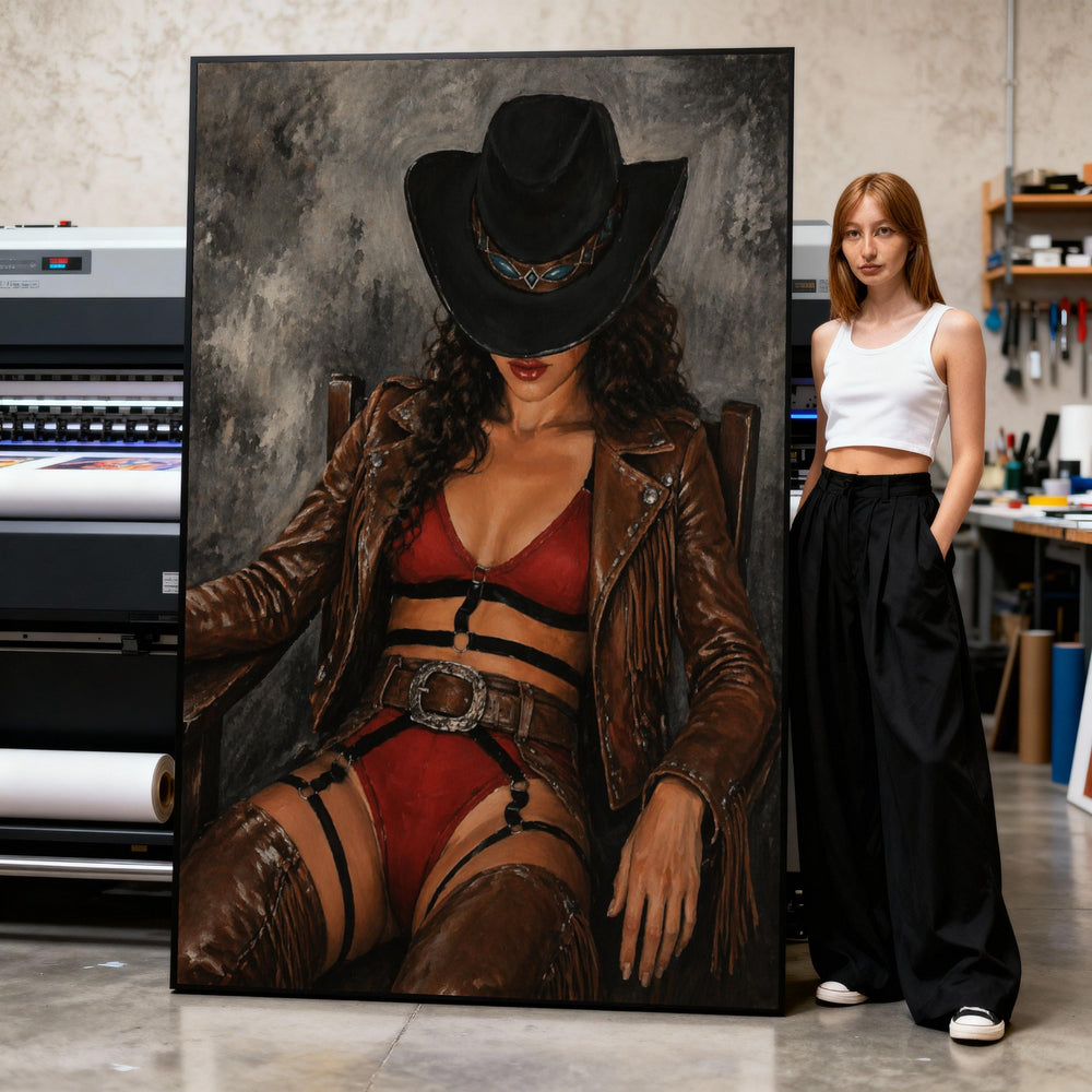 Confident Western Lady, Cowboy Hat and Leather Canvas, Bold Fashion Portrait, Brown Fringe Jacket, Red Outfit Wall Art, Home Decor Print Art
