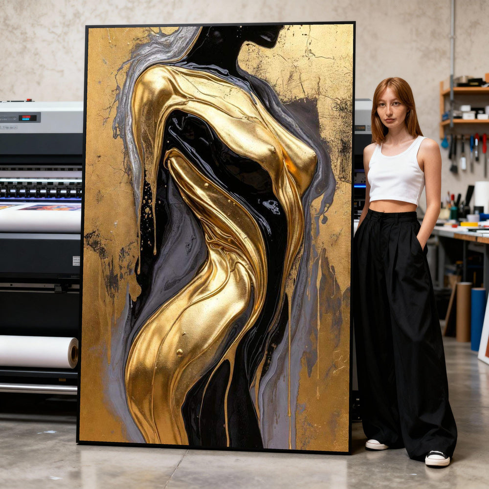 Luxurious Gold and Black Abstract Canvas, Glamorous Fluid Art Wall Decor, Modern Metallic Home Decoration, Elegant Canvas Artwork Print Art