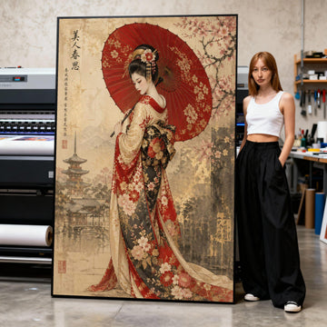 Elegant Japanese Geisha with Red Umbrella, Traditional Kimono Canvas, Cherry Blossom Wall Art, Asian Culture Home Decor, Vintage Print Art