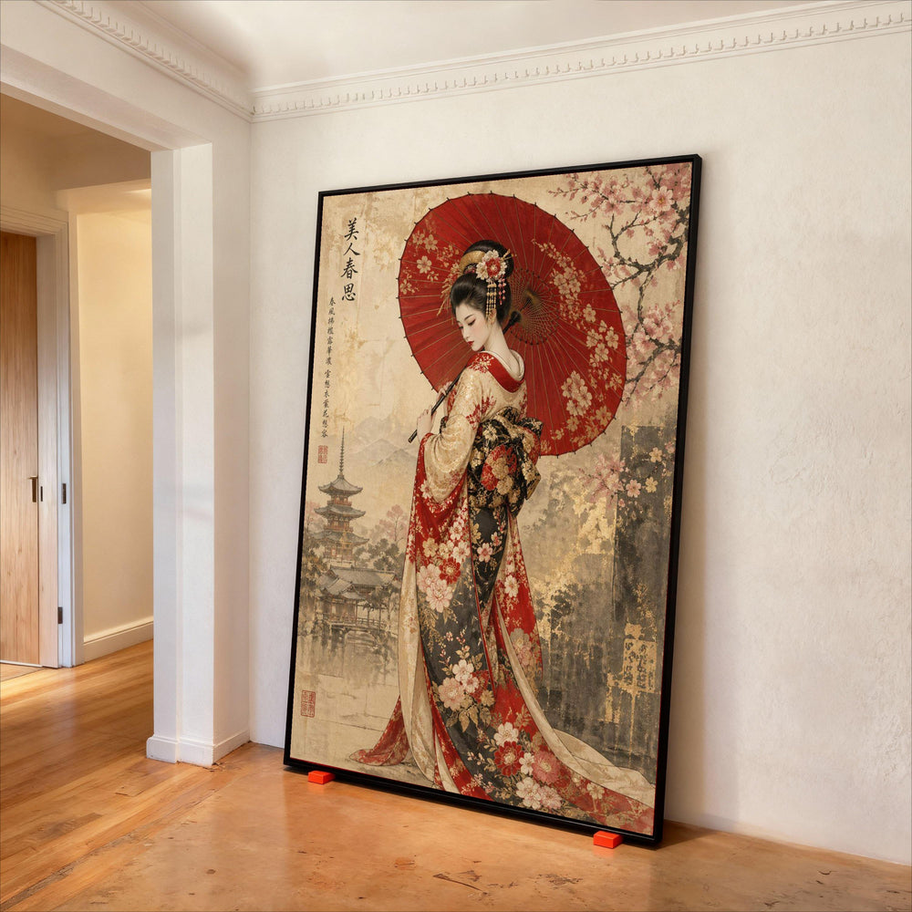 Elegant Japanese Geisha with Red Umbrella, Traditional Kimono Canvas, Cherry Blossom Wall Art, Asian Culture Home Decor, Vintage Print Art