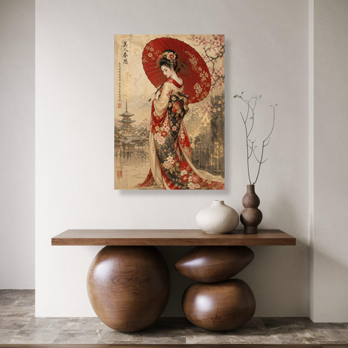 Elegant Japanese Geisha with Red Umbrella, Traditional Kimono Canvas, Cherry Blossom Wall Art, Asian Culture Home Decor, Vintage Print Art