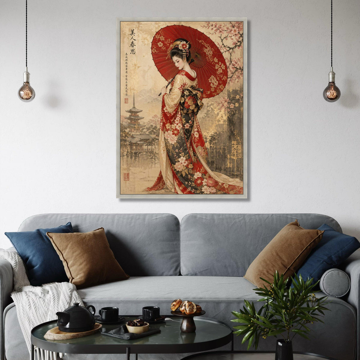 Elegant Japanese Geisha with Red Umbrella, Traditional Kimono Canvas, Cherry Blossom Wall Art, Asian Culture Home Decor, Vintage Print Art