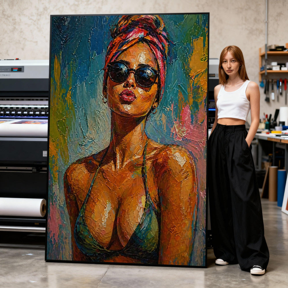 Confident Woman Sunglasses Canvas, Summer Portrait Wall Art, Colorful Contemporary Painting, Beach Style Canvas, Modern Home Decor Print Art