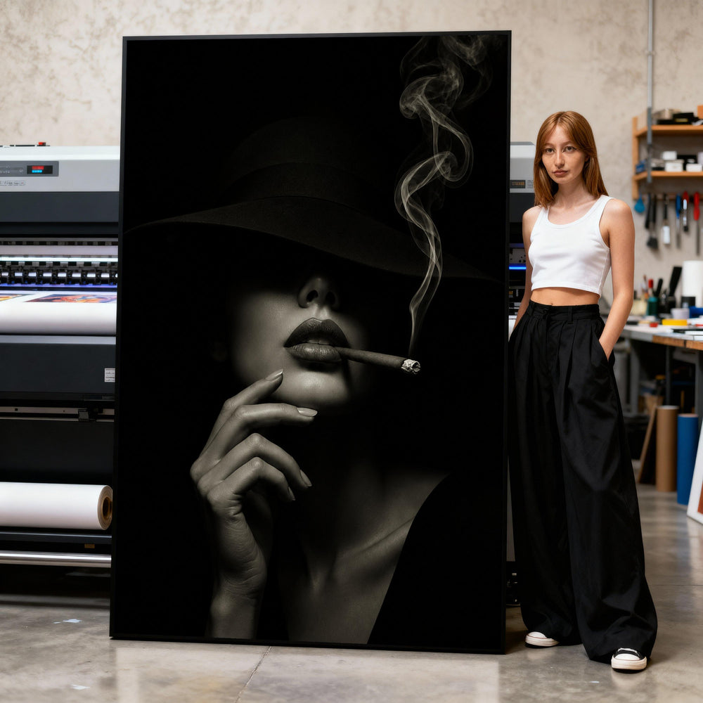 Mysterious Woman with Cigar Smoke, Black Hat Portrait Canvas, Elegant Noir Wall Art, Chic Fashion Home Decor, Moody Dark Canvas Print Art