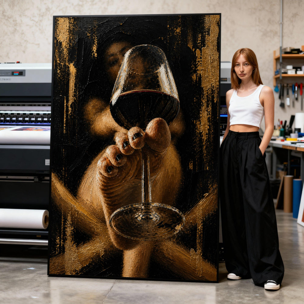Elegant Woman Holding Wine Glass Canvas, Intimate Home Bar Wall Art, Dark Mood Portrait Canvas, Luxurious Relaxation Decor, Modern Print Art