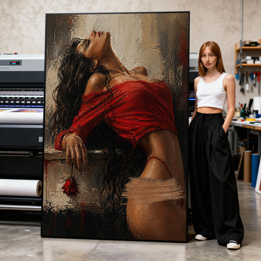 Sensual Woman Red Dress Canvas, Romantic Female Portrait Wall Art, Elegant Contemporary Home Decoration Print Art