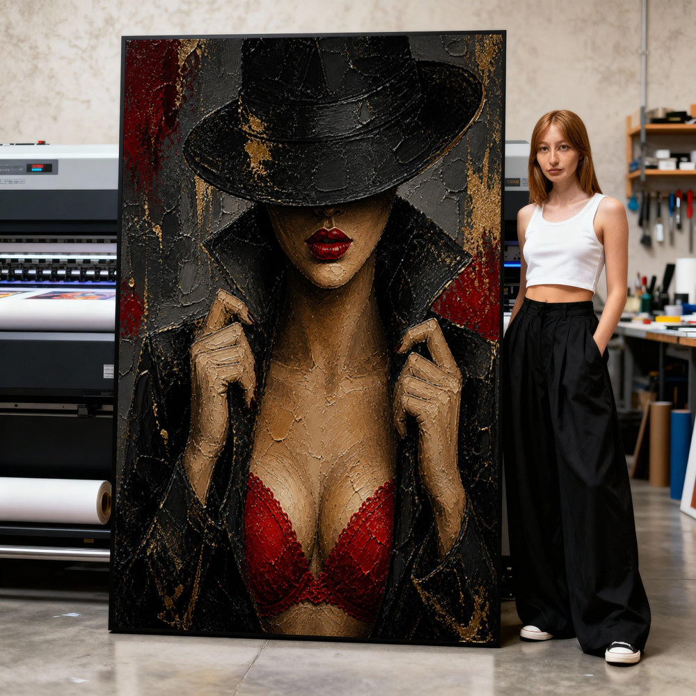 Elegant Woman Black Hat Canvas, Red Lingerie Art, Fashion Portrait Wall Decor, Sensual Glamour Canvas, Modern Home Decoration Print Art
