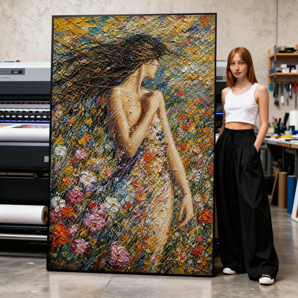 Woman Flower Meadow Canvas Wall Art, Colorful Floral Field Painting, Elegant Female Figure Canvas, Vibrant Nature Landscape, Home Print Art
